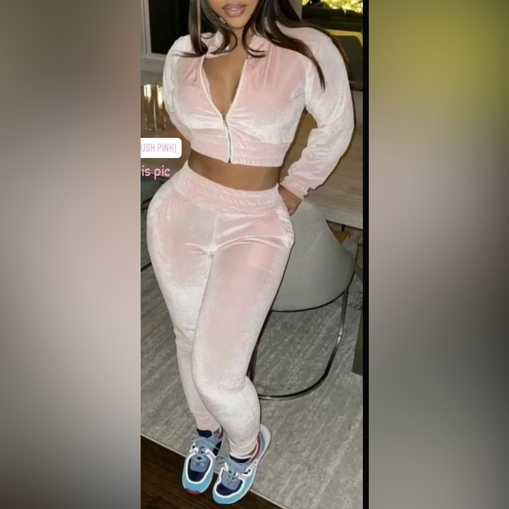 Women’s Blush Pink Velvet Track Jogger Set - Zip Crop Jacket & High-Rise Joggers